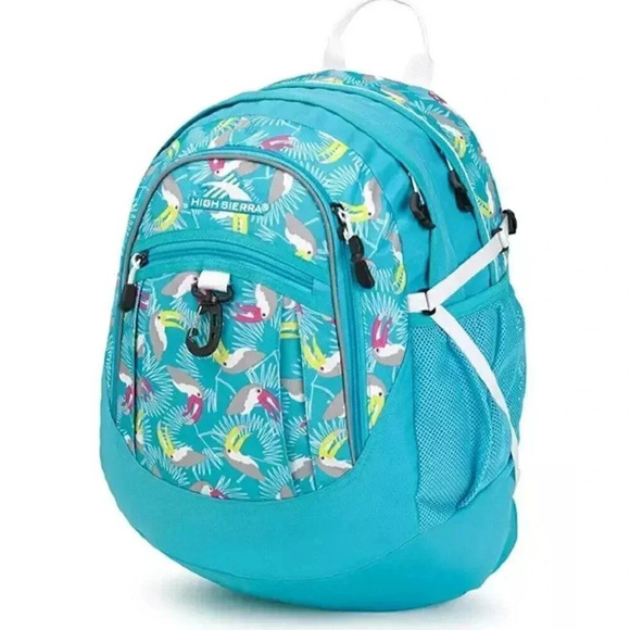 High Sierra Aqua Blue Fat Boy Toucan Tropical Over The Shoulder Logo Backpack - Picture 12 of 15
